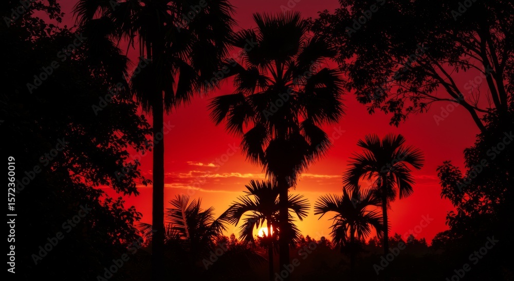 Fototapeta premium Fiery Red Sunset Silhouette of Palm Trees