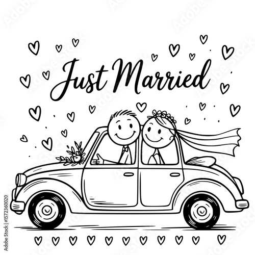 happily ever after just married car with romantic decorations and joyful newlywed couple driving into their love journey