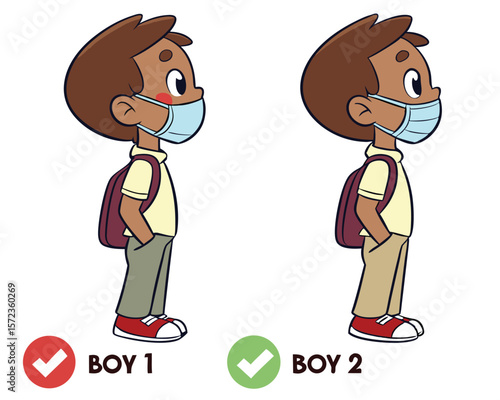 Schoolboy in mask compliance comparison study with red check and green check symbols