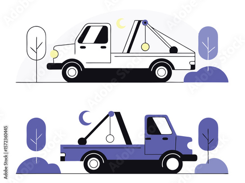 Stylized tow truck illustrations with minimalist trees and moon on transparent background