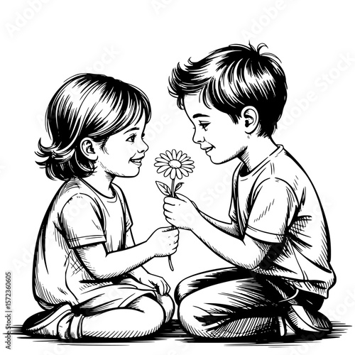 Romantic couple sitting on rocks, smelling fresh flowers in serene nature setting, sharing a tender and intimate moment of love and togetherness