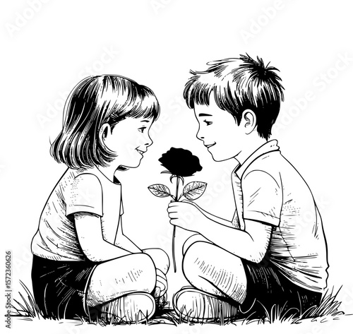 Romantic couple sitting on rocks, smelling fresh flowers in serene nature setting, sharing a tender and intimate moment of love and togetherness
