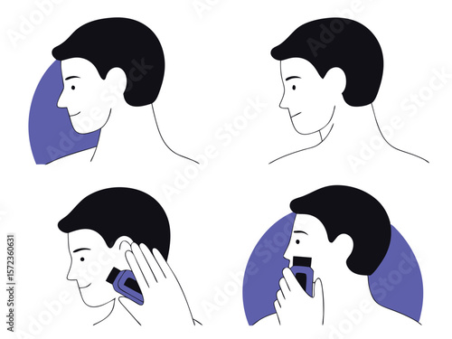 Vector illustration of a man shaving his face with an electric razor in steps