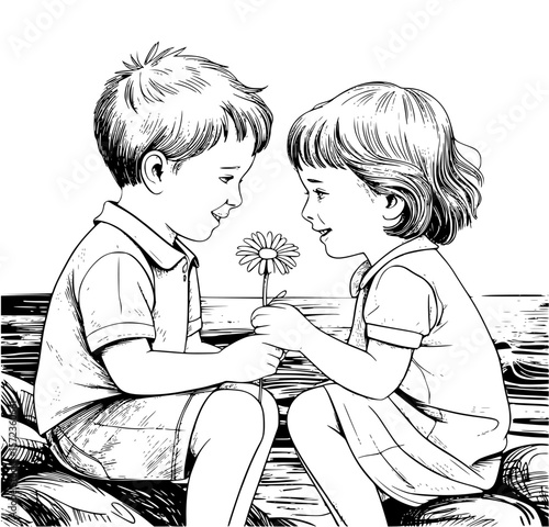 Romantic couple sitting on rocks, smelling fresh flowers in serene nature setting, sharing a tender and intimate moment of love and togetherness