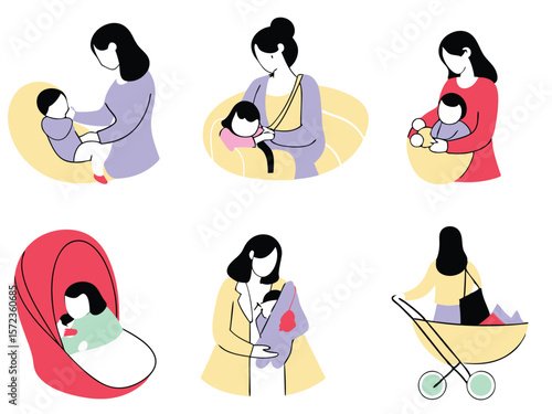 Vector illustration of mothers with babies depicting different aspects of motherhood and childcare