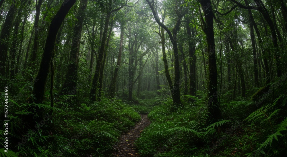 Fototapeta premium Lush Green Rainforest Path Sunlight Through Canopy