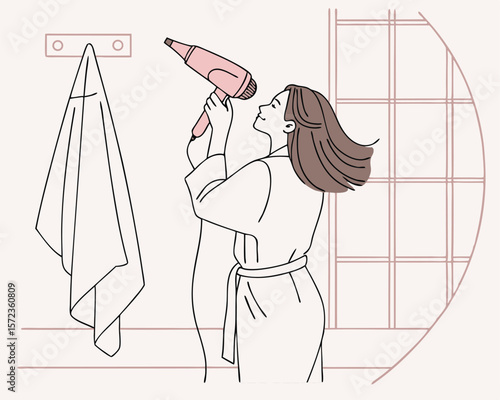 Woman styling hair in bathroom with hair dryer line art illustration
