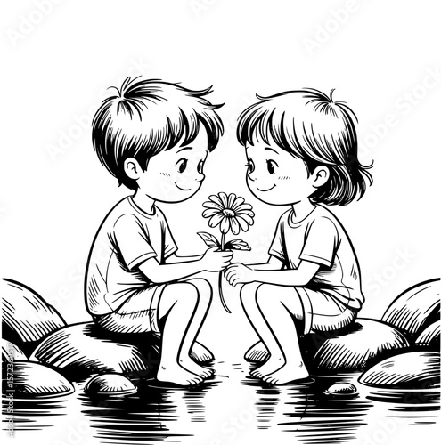 Romantic couple sitting on rocks, smelling fresh flowers in serene nature setting, sharing a tender and intimate moment of love and togetherness