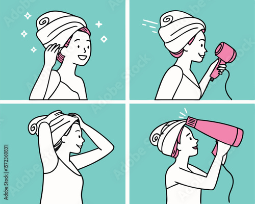 Woman's hair care routine drying hair with a hairdryer illustration on white background