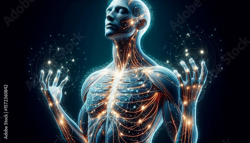 Digital Illustration of Self Myofascial Release with Glowing Fascia Lines for Injury Prevention