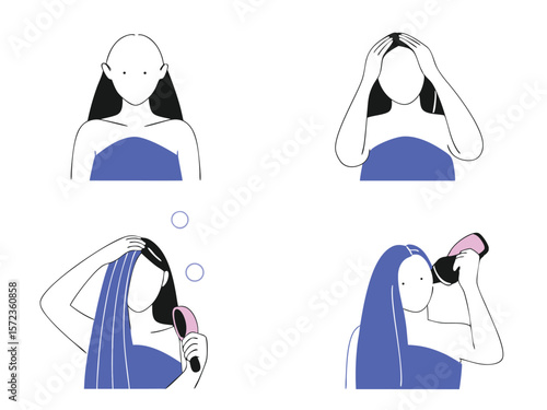 Woman's hair care routine steps illustrated in a modern flat design with transparency