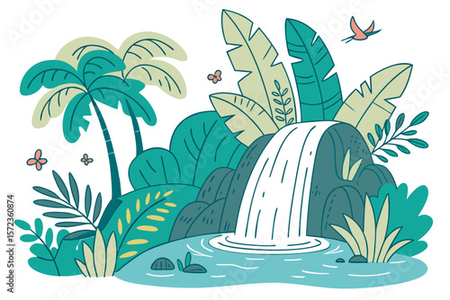 A vibrant vector illustration of a rainforest oasis featuring a cascading waterfall flowing into a serene pool, surrounded by lush tropical foliage