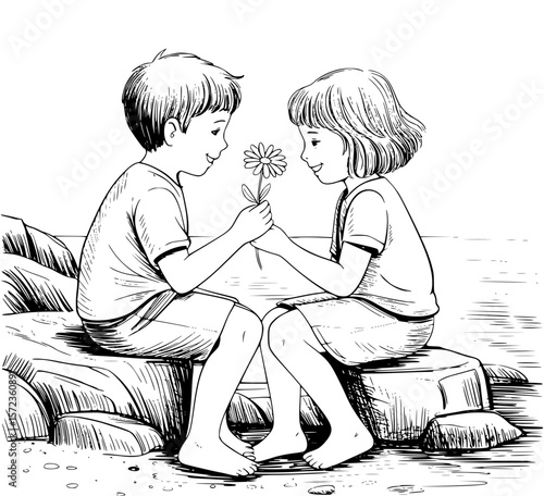 Romantic couple sitting on rocks, smelling fresh flowers in serene nature setting, sharing a tender and intimate moment of love and togetherness