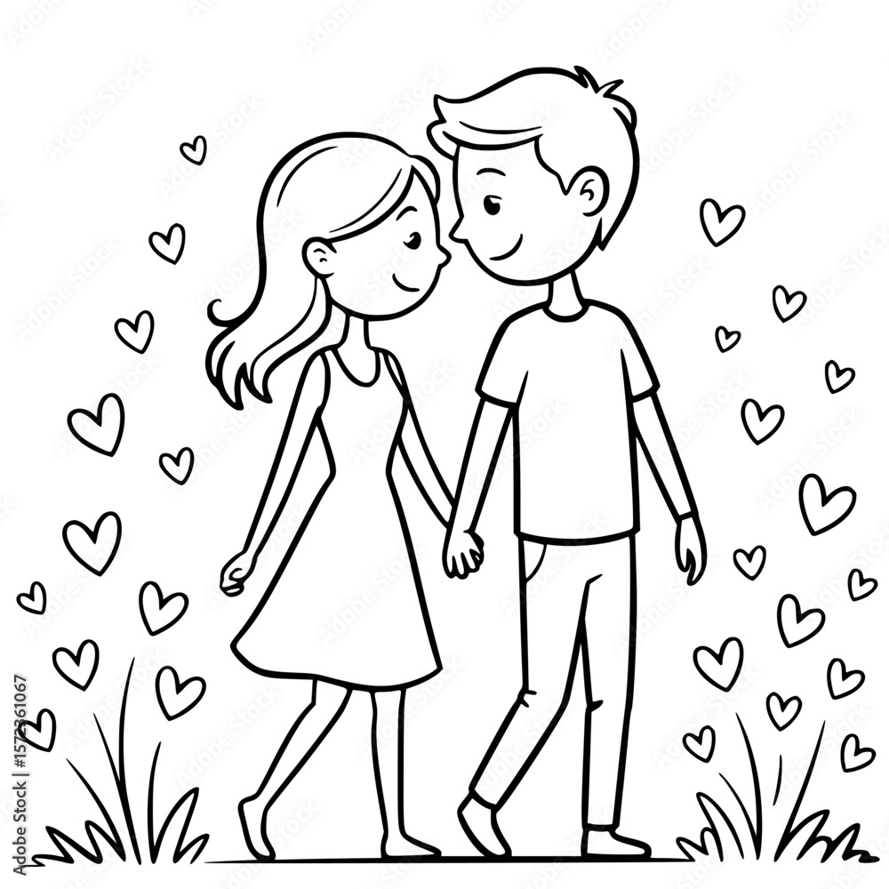 forever and always young couple holding hands in love, cute stick figure romance black and white line art forever and always young couple holding hands in love, cute stick figure romance black and white line art