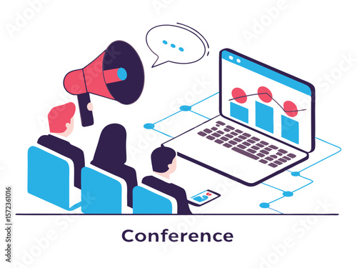 Business conference presentation with audience and data analysis on white background
