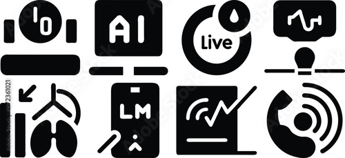 Vector art of a set of medical icons displays data analysis, ai, live monitoring, and vital signs isolated on transparent background.
