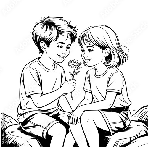 Romantic couple sitting on rocks, smelling fresh flowers in serene nature setting, sharing a tender and intimate moment of love and togetherness