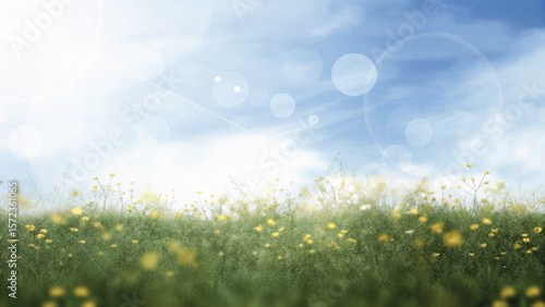 Bright sunny spring meadow with green grass and colorful flowers under a clear sky