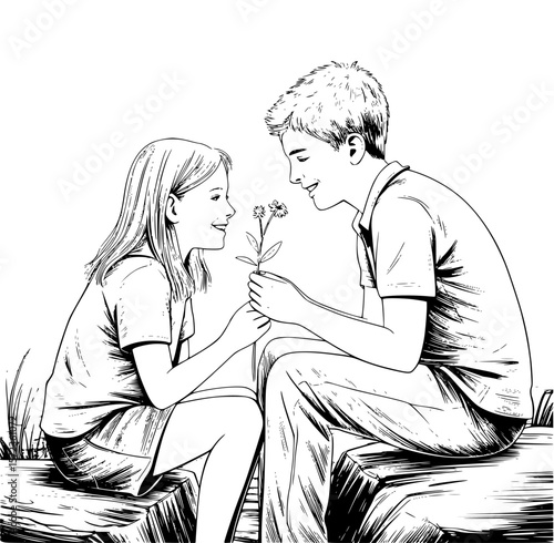Romantic couple sitting on rocks, smelling fresh flowers in serene nature setting, sharing a tender and intimate moment of love and togetherness