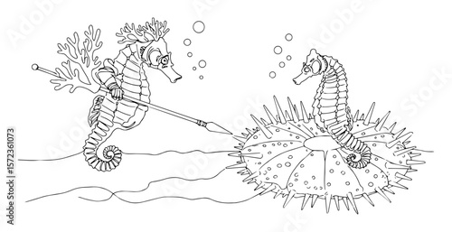 fantasy line art illustration of two seahorse knights in a medieval underwater battle
