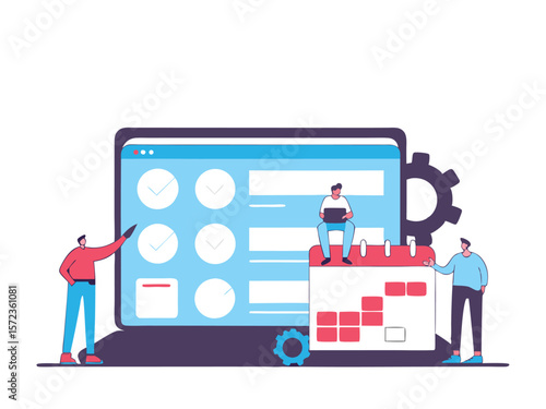 Business team planning and scheduling project development illustrated on transparent background