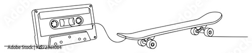 one continuous line drawing of retro cassette tape and skateboard 90s nostalgia concept