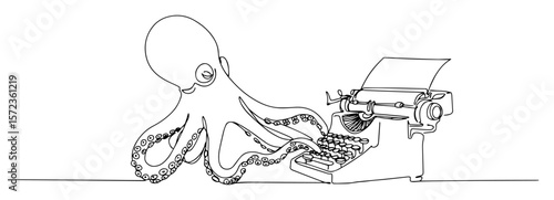 octopus typing on typewriter continuous one line drawing