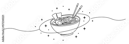 ramen bowl floating in space line art illustration