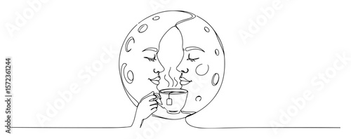 moon with human face drinking coffee line drawing