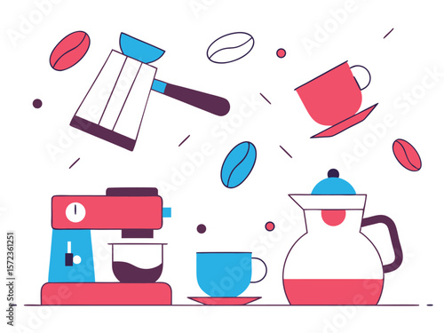 Colorful coffee brewing elements with transparent background for versatile design projects