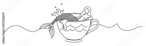 mermaid bathing in teacup line art illustration