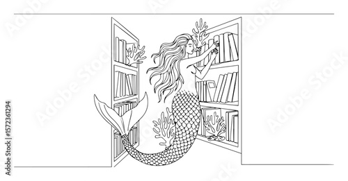 mermaid in a library choosing a book, fantasy reader vector illustration