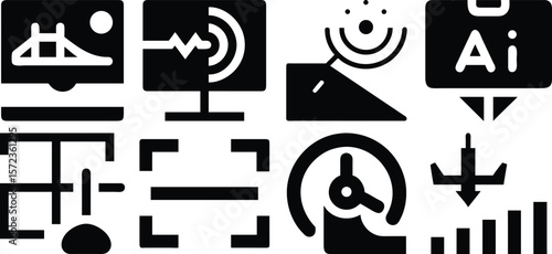 Vector art of a collection of diverse icons representing various technological and design elements isolated on transparent background.