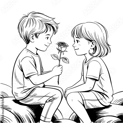 Romantic couple sitting on rocks, smelling fresh flowers in serene nature setting, sharing a tender and intimate moment of love and togetherness