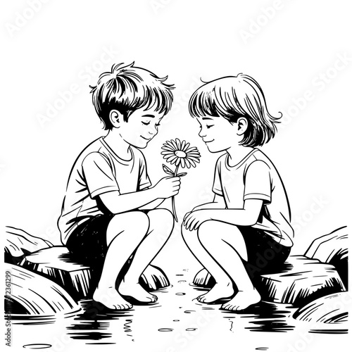 Romantic couple sitting on rocks, smelling fresh flowers in serene nature setting, sharing a tender and intimate moment of love and togetherness