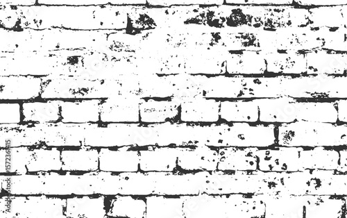 Weathered white brick wall texture with dark mortar and distressed surface details black