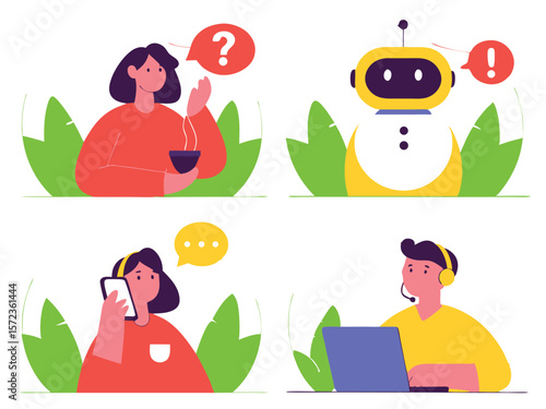Customer service and support illustrations featuring people and a robot in simple style