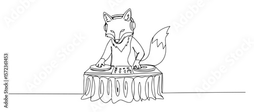 fox dj with headphones at turntable. continuous one line drawing vector