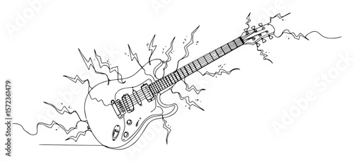 electric guitar with lightning. rock music concept continuous one line drawing