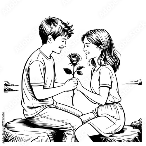 Romantic couple sitting on rocks, smelling fresh flowers in serene nature setting, sharing a tender and intimate moment of love and togetherness