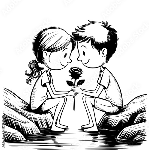 Romantic couple sitting on rocks, smelling fresh flowers in serene nature setting, sharing a tender and intimate moment of love and togetherness