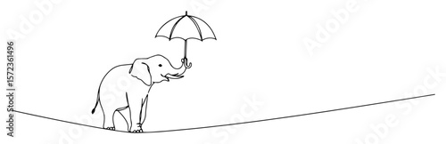 elephant on a tightrope with umbrella. continuous one line drawing vector
