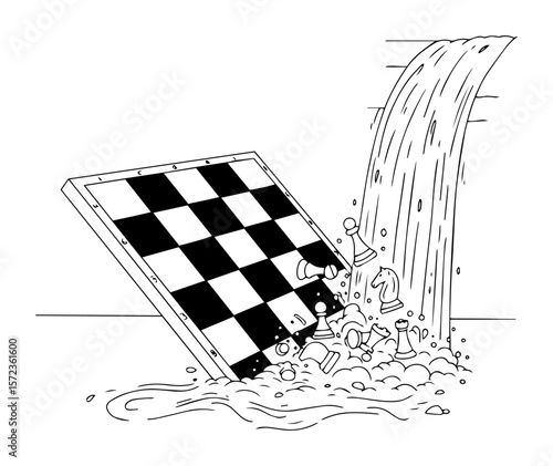 chessboard with waterfall surreal line art illustration