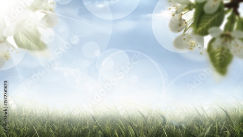 Bright sunny spring meadow with green grass and colorful flowers under a clear sky