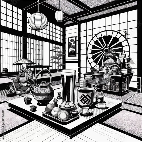 Traditional Japanese tea house interior with tea set and cultural elements
