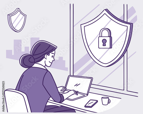 Data security expert working on a secure network with protection illustration