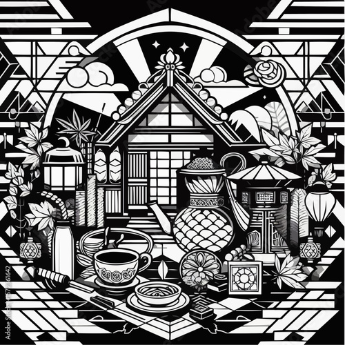 Intricate black and white illustration of traditional tea house with various tea elements