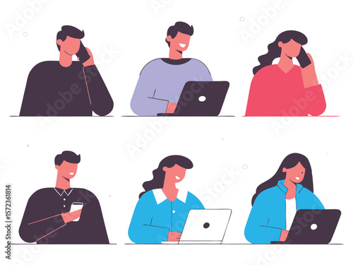 Diverse individuals using technology communication and collaboration flat illustration