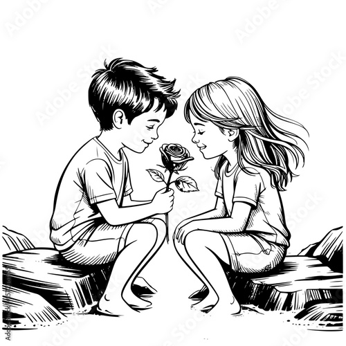 Romantic couple sitting on rocks, smelling fresh flowers in serene nature setting, sharing a tender and intimate moment of love and togetherness