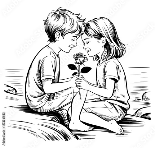 Romantic couple sitting on rocks, smelling fresh flowers in serene nature setting, sharing a tender and intimate moment of love and togetherness